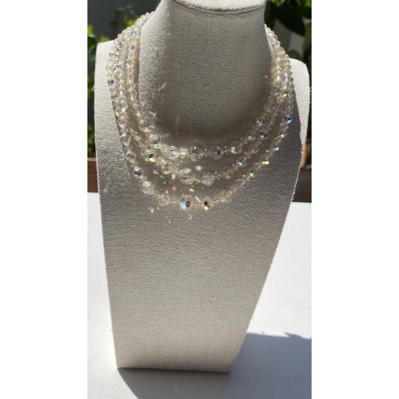 Vintage 3 Strand AB Aurora Borealis Crystal Faceted Beads Style Necklace 15.5” - Picture 10 of 13